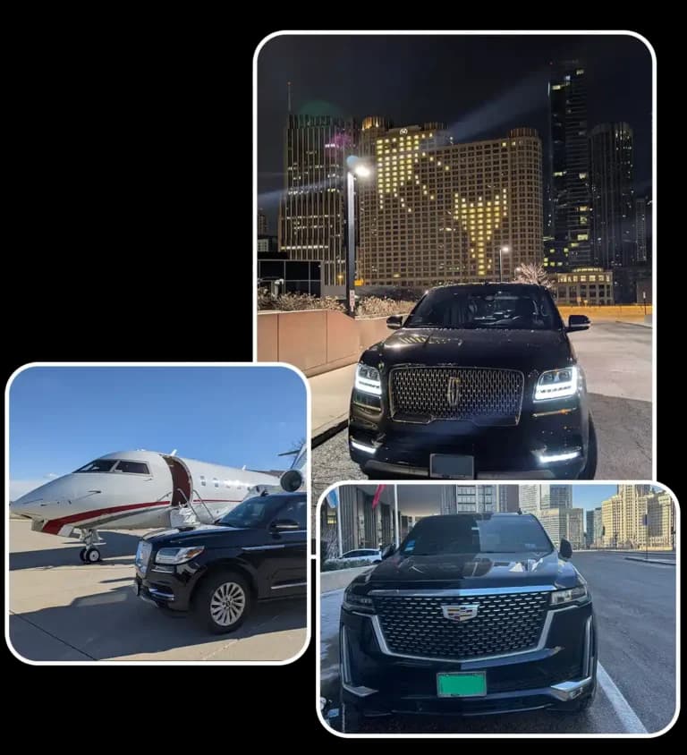 Luxury cars and private jet in urban setting.